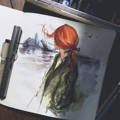 a drawing of a girl with red hair and green jacket looking out over the water