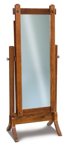 a wooden stand with a mirror on it