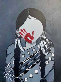 a painting of a woman with red paint on her face and hands in the background