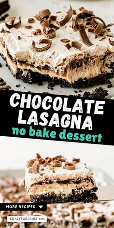 chocolate lasagna no bake dessert on a plate with the title overlay