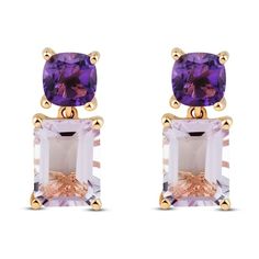 These stunning drop earrings showcase two gorgeous hues of amethyst set in chic 10K rose gold. A cushion-cut amethyst shines above an emerald-cut light amethyst for an unforgettable design. The earrings secure with friction backs. Elegant Purple Square-cut Jewelry, Elegant Purple Square Cut Jewelry, Amethyst Set, Fashion Design Patterns, Family Jewels, Light Amethyst, Amethyst Gem, Amethyst Color, Amethyst Jewelry