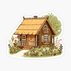 a small log cabin sticker with flowers and plants around it on a white background