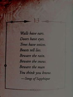 a poem written in black ink on white paper with an image of a tree and the words walls have ears, doors have eyes, trees have voies, beasts tell lies, beware lies