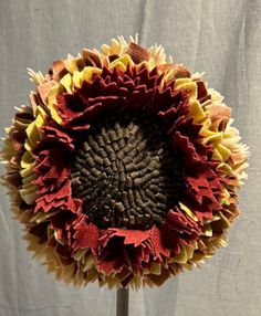 a sunflower with red and yellow petals is shown in front of a white backdrop