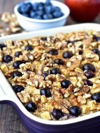 an apple and blueberry baked oatmeal in a casserole dish