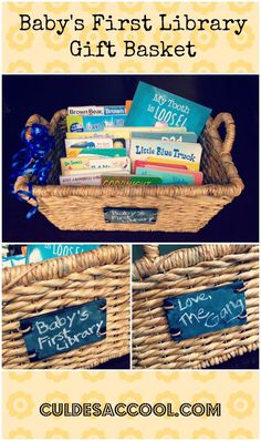 the baby's first library gift basket is filled with books and chalkboard signs