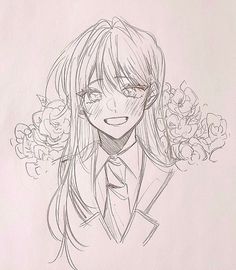 a pencil drawing of a girl with long hair and flowers in her hair, wearing a suit