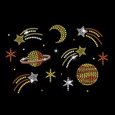 an image of stars and planets in the night sky with sparkles on black background