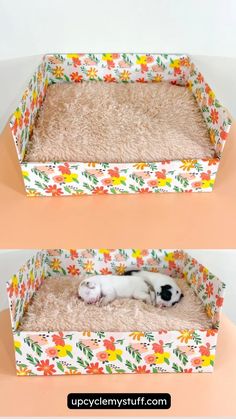 two pictures of a cat laying in a flowered box with the same pattern on it