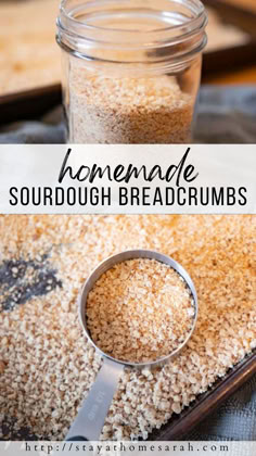 homemade sourdough breadcrumbs in a glass jar with a measuring spoon