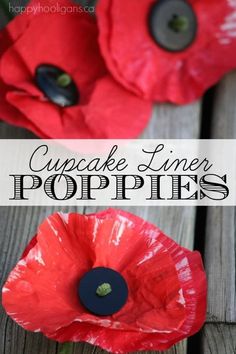 some red poppies are sitting on a wooden table with the words cupcake liner poppypies