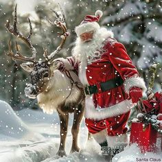 santa claus is walking with his reindeer in the snow