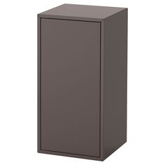 a tall gray cabinet sitting on top of a white floor