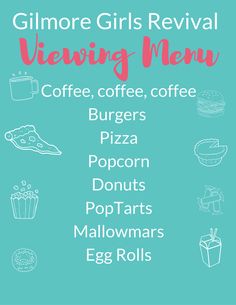 a menu with different types of food and drinks on the front, including coffee, pizza, doughnuts, donuts, pop tarts, mellows, mallows, and more