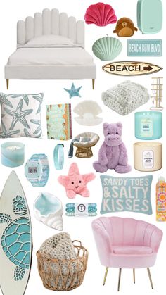 a collage of beach themed items including a bed, chair and other things