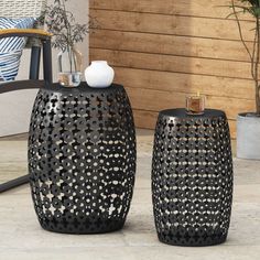 This side table is a wonderful way to add some color to your patio. EASTERN FLOORING CENTER, INC. Color: Black | EASTERN FLOORING CENTER, INC. Outdoor Metal S / 2 end table in Black | 20.47" H X 16.54" W X 16.54" L | Wayfair Black Tile Outdoor, Tile Outdoor Patio, Deck Details, Metal Side Tables, Navy Furniture, Patio Walkway, Metal End Table, Small Accent Tables, Side Table Set