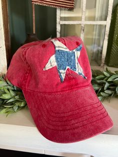 Adorable 100% cotton Red Vintage Quilted Women's Baseball Cap Handmade piece in shape of a star cut from salvaged quilt sewn onto the front of the hat.   One size.  Adjustable strap in the back.  Toots and Stitches logo on backside. Thank you for supporting a USA 🇺🇸small business! Please note each hat is handmade using a piece of salvaged quilt and each one could vary. Patriotic Hats, Farmhouse Quilts, Womens Baseball Cap, Antique Farmhouse, White Star, Red Vintage, Vintage Quilts, Quilt Sewing