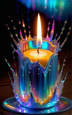 a lit candle with water splashing around it