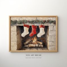 a fireplace with stockings hanging from it's mantle and the words, mini art brush