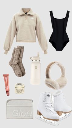 the contents of a women's winter outfit including boots, socks and an ice skate