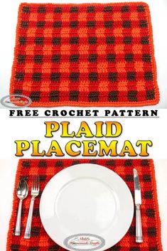 the placemat is made from crochet and has a plaid pattern on it