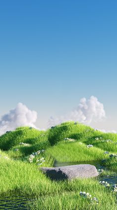 a grassy area with rocks and flowers in the foreground, under a blue cloudy sky