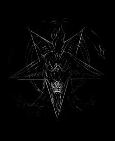 a black and white drawing of a demon with horns on it's head, in the middle of a triangle