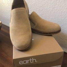 Brand New Never Worn Earth Shoes. Tan Suede Slip Ons. Size 9 Everyday Suede Slip-ons With Round Toe, Earth Shoes, New Earth, Shoes Color, Shoes Brand, Tan Suede, Slip Ons, Shoe Brands, Flat Shoes Women