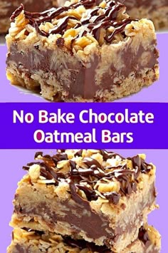 no bake chocolate oatmeal bars are stacked on top of each other