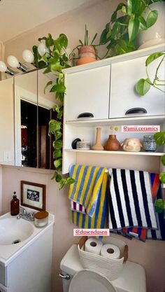 a bathroom with plants and towels hanging on the shelf above the sink, along with toilet paper