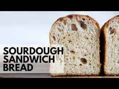 two pieces of bread sitting on top of a cutting board with the words sourdough sandwich bread