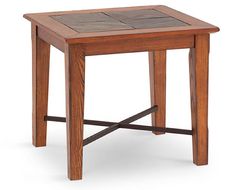 a small wooden table with tile top on an isolated white background for use as a side table