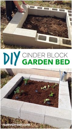 cinder block garden bed with plants growing out of it and the words diy cinder block garden