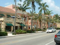 cars are parked on the street in front of several buildings with palm trees lining both sides