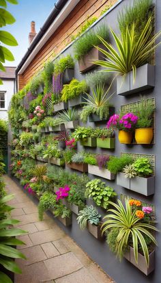 an outdoor garden wall with various plants and flowers on it