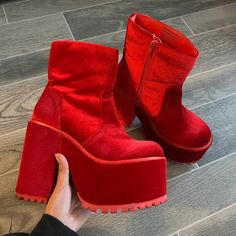 From Yru Worn Once Sold Out Online Retail At $135 Y.R.U. Krush Velvet Platform Boots - Red Cuz Not Your Average Gurl. These Boots Have A Velvet Construction, Treaded Soles, Block Heels, And Side Zipper Closures. Red Man Made Materials 5.5" Heel 3.25" Platform Red Platform Boots With Reinforced Heel For Party, Red High Heel Platform Boots For Winter, Red High-top Platform Boots For Party, Trendy High Ankle Boots With Red Sole, Red Ankle-high Platform Boots For Parties, Red High Heel Platform Boots For Fall, Red High Ankle Platform Boots For Fall, Red High Ankle Platform Heels, Trendy Red Platform Boots With Round Toe