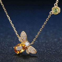 This Is A Brand New Bee Necklace Made Out Of Yellow Gold Plated 925 Sterling Silver. The Bee Shaped Pendant Is Approximately 7/16" X 1/2" Large And Set In It Is A Natural Citrine. Also Set In The Necklace Is A Round Shaped Natural Peridot. The Chain Is Cable Style With A Round Clasp And It Is 18" Long. The Finished Weight Of The Whole Necklace Is 2 Grams. N0445 Bee Things, Bee Stuff, Simple Silver Jewelry, Citrine Jewelry, Bee Jewelry, Bee Pendant, Fine Silver Jewelry, Bee Necklace, Citrine Stone