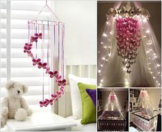 a collage of photos with teddy bears and lights in the bedroom, baby crib