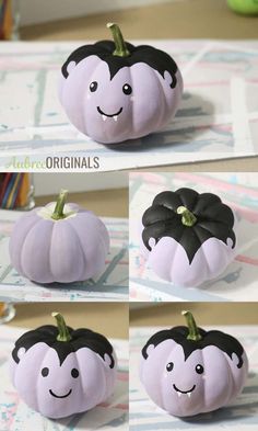 four pictures of different pumpkins with faces painted on them