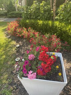 colorful flowers are growing in a white planter