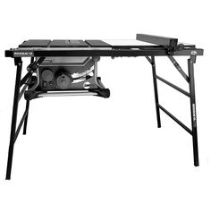 a black and white photo of a workbench with wheels on it's legs