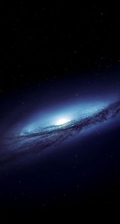 an artist's rendering of the andromeda spiral galaxy in deep space, with bright blue light coming from its center