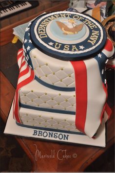 this cake is decorated with an american flag and the emblem of the u s air force