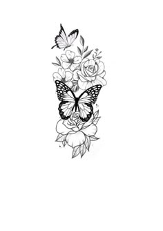 a black and white drawing of flowers with butterflies