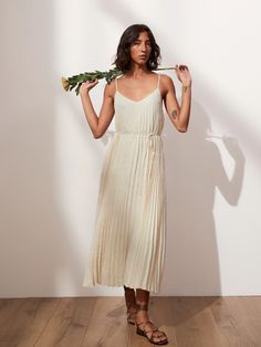 Petite Pleated Midi Dress | Banana Republic Chic Silk Pleated Summer Dress, Chic Spring Rayon Slip Dress, Chic Rayon Slip Dress For Spring, Spring Silk Pleated Midi Dress, Spring Pleated Viscose Dress, Spring Pleated Dresses Made Of Viscose, Chic Viscose Slip Dress For Spring, Spring Beige Viscose Dress, Summer Pleated Rayon Dress