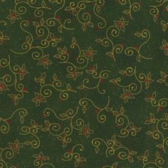 a green background with gold swirls and red berries