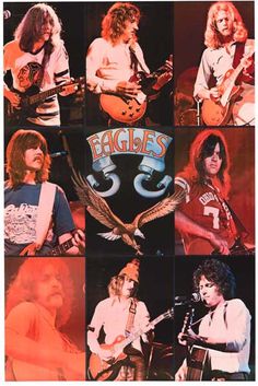 an advertisement for the eagles band, which is featured in several different photos and features eagle's logo