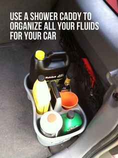 a car trunk filled with lots of different types of cleaning products and other household items