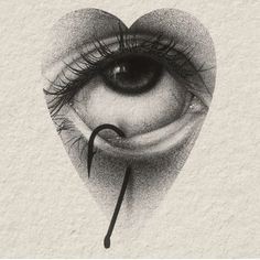 a drawing of an eye with a long black thread sticking out of it's center