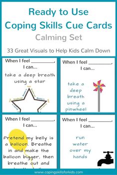 Looking for great visuals to help kids calm down? Here are 33 ready to use cue cards. You can laminate them to make them sturdy. These are perfect for a calm down spot at home or a quiet space in the classroom. Visit www.copingskillsf... today! Coping Skills For Kids, Kids Coping Skills, Coping Skills Activities, Skills For Kids, Calming Strategies, Elementary School Counseling, How To Teach Kids